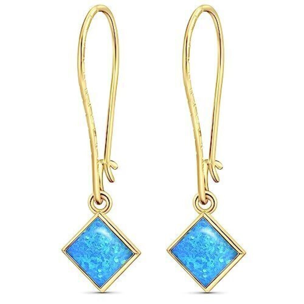 2139 14K Gold Plated Blue Opal Square Dangle Earrings Drop Earrings